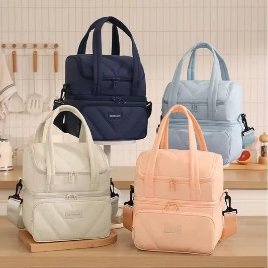 Dual Zipper Lunch Bag for Office & Travel | Double Layer Insulated Lunch Tote Bag | Dual Compartment Waterproof Puffer Lunch Bag | Portable Single Shoulder Lunch Bag | Multicolour(Pack of 1)