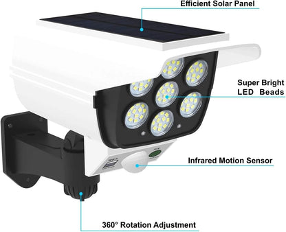 Outdoor Motion Sensor Solar Lights 2000 Lumens 77 LEDs Spotlight with Remote Controller IP66 Waterproof Wireless Dummy Decoy Fake Security Camera Light