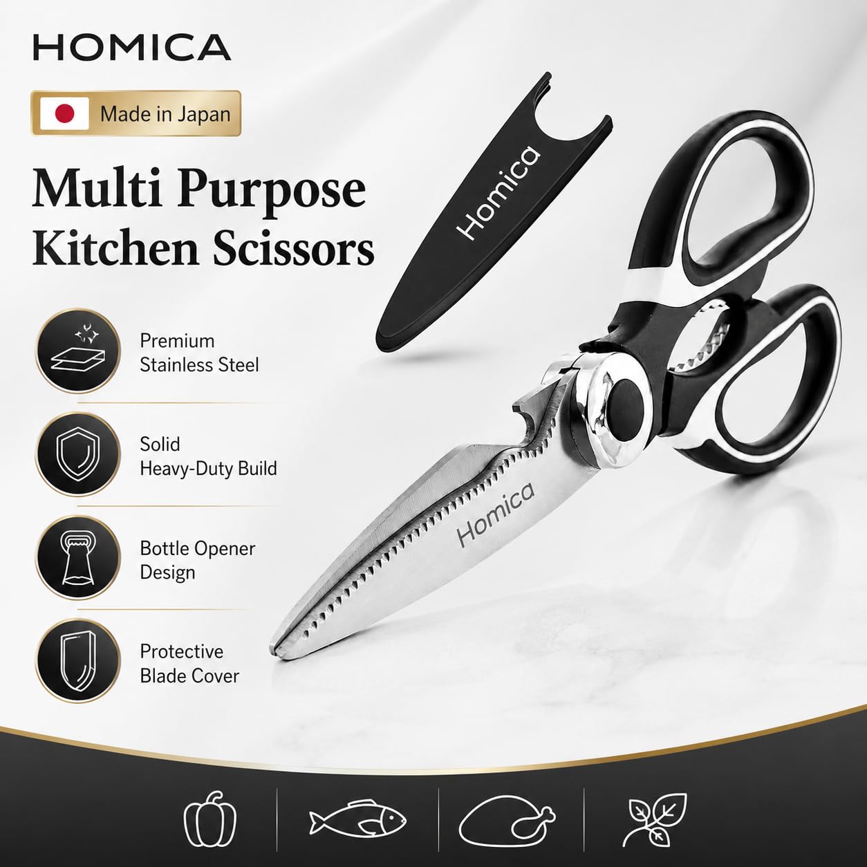 Multi Purpose Heigh Quality Kitchen Scissors | Premium Stainless Steel Food Shears for Meat, Chicken, Fish, Seafood, Vegetables & Herbs | Heavy Duty Kitchen Shears with Bottle Opener | Black