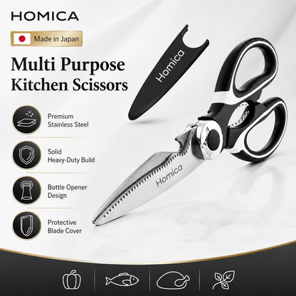 Multi Purpose Heigh Quality Kitchen Scissors | Premium Stainless Steel Food Shears for Meat, Chicken, Fish, Seafood, Vegetables & Herbs | Heavy Duty Kitchen Shears with Bottle Opener | Black