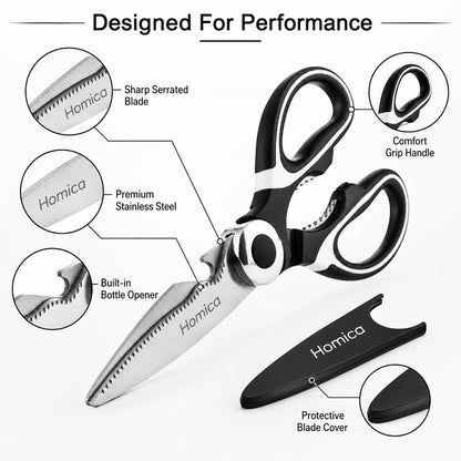 Multi Purpose Heigh Quality Kitchen Scissors | Premium Stainless Steel Food Shears for Meat, Chicken, Fish, Seafood, Vegetables & Herbs | Heavy Duty Kitchen Shears with Bottle Opener | Black