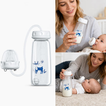 Baby Feeding Bottle with Weighted Straw, Anti-Colic Style Wide Neck Milk Bottle, Easy Grip Indoor Outdoor Drinking Bottle for Baby Milk, Water & Daily Feeding Use