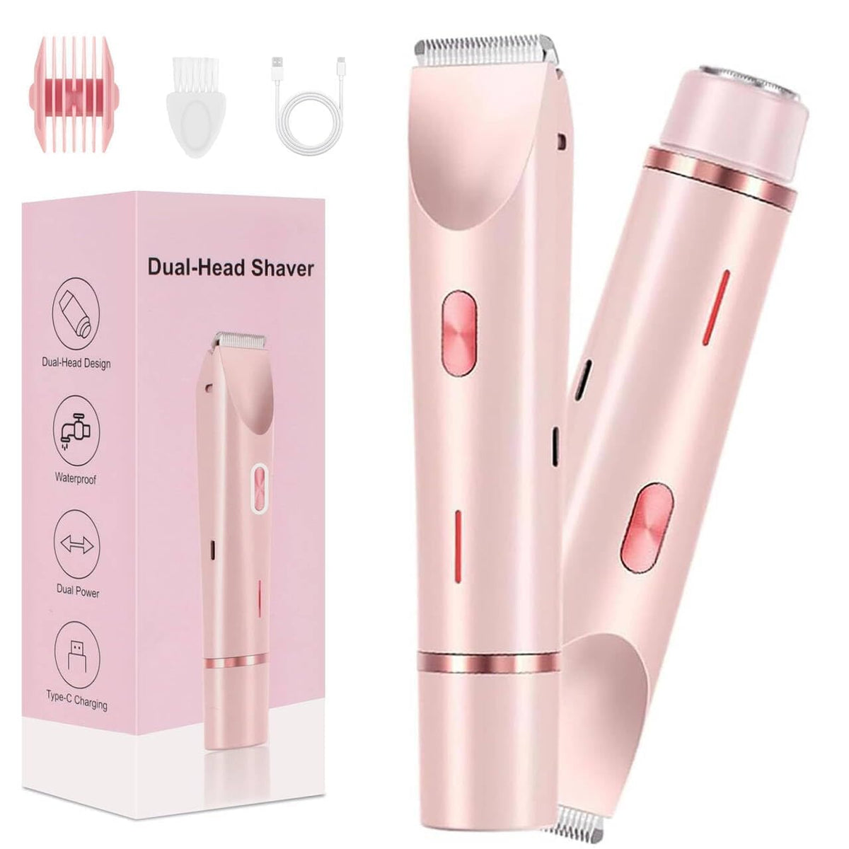 Women’s Dual Head Electric Shaver – Stylish Hair Remover & Body Trimmer, USB Type-C Rechargeable, Painless, Waterproof Razor for Face, Underarms, Bikini & Legs (Pink)