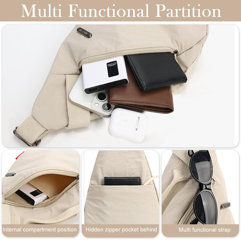 PALAY® Chest Bag for Women Men Fashion Nylon Lightweight Shoulder Bag Front Back Sling Shoulder Bag Zipper Pouch Day Bag with Handle Casual Beige Chest Bag for Hiking, Work