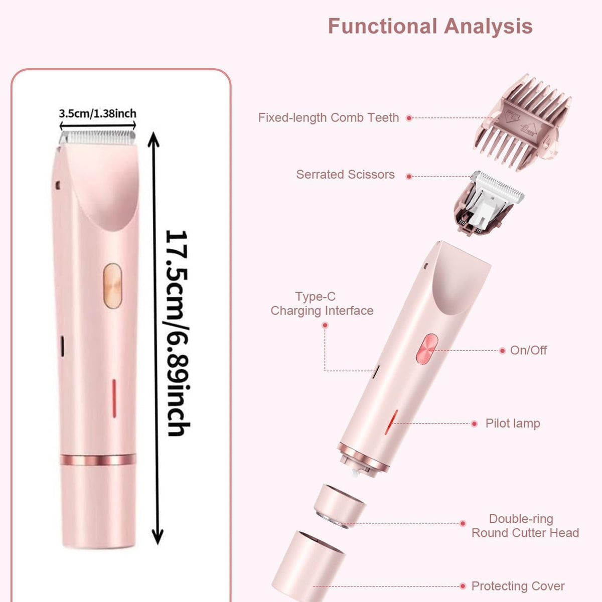 Women’s Dual Head Electric Shaver – Stylish Hair Remover & Body Trimmer, USB Type-C Rechargeable, Painless, Waterproof Razor for Face, Underarms, Bikini & Legs (Pink)