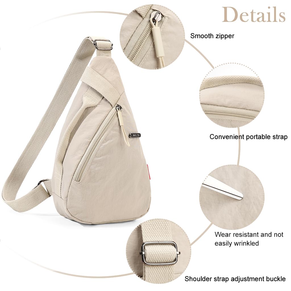 PALAY® Chest Bag for Women Men Fashion Nylon Lightweight Shoulder Bag Front Back Sling Shoulder Bag Zipper Pouch Day Bag with Handle Casual Beige Chest Bag for Hiking, Work