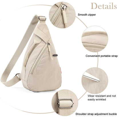 PALAY® Chest Bag for Women Men Fashion Nylon Lightweight Shoulder Bag Front Back Sling Shoulder Bag Zipper Pouch Day Bag with Handle Casual Beige Chest Bag for Hiking, Work