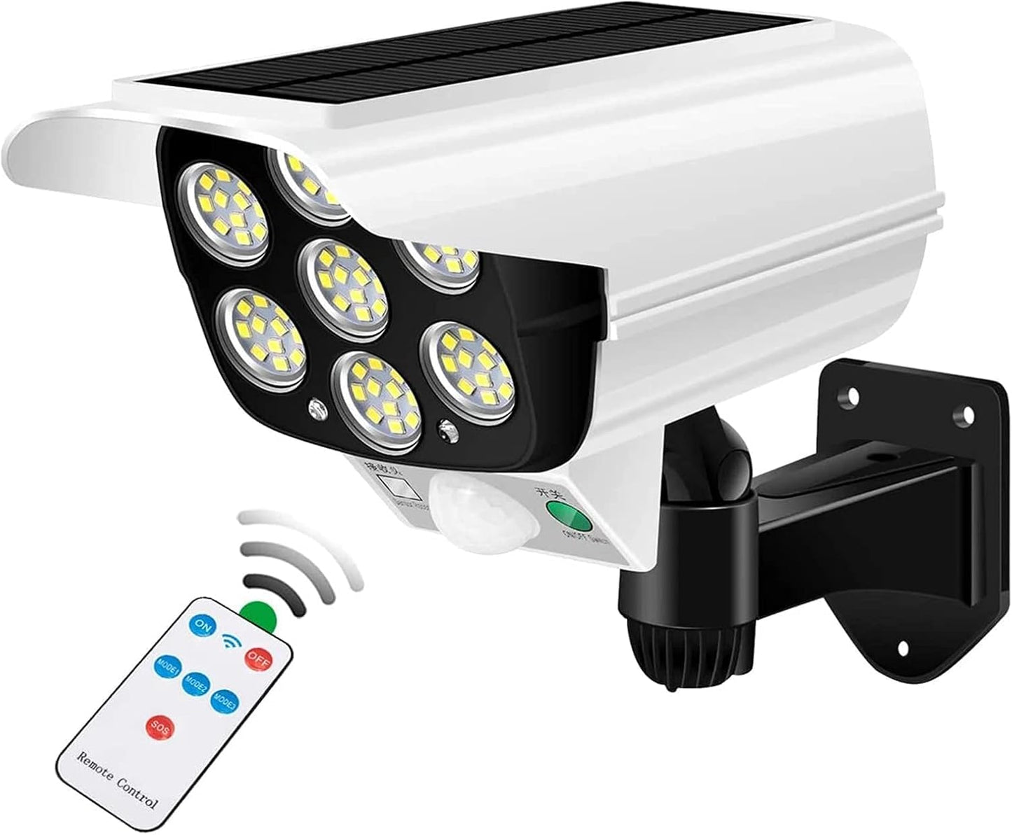 Outdoor Motion Sensor Solar Lights 2000 Lumens 77 LEDs Spotlight with Remote Controller IP66 Waterproof Wireless Dummy Decoy Fake Security Camera Light
