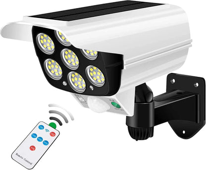 Outdoor Motion Sensor Solar Lights 2000 Lumens 77 LEDs Spotlight with Remote Controller IP66 Waterproof Wireless Dummy Decoy Fake Security Camera Light
