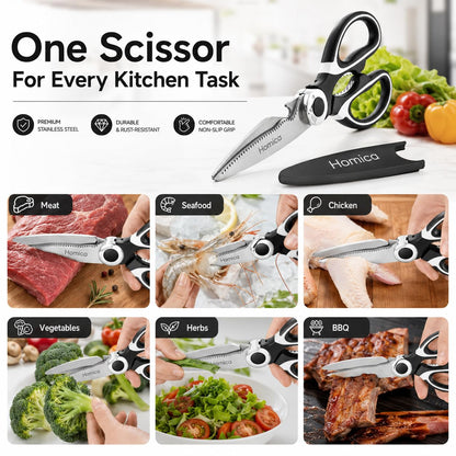 Multi Purpose Heigh Quality Kitchen Scissors | Premium Stainless Steel Food Shears for Meat, Chicken, Fish, Seafood, Vegetables & Herbs | Heavy Duty Kitchen Shears with Bottle Opener | Black