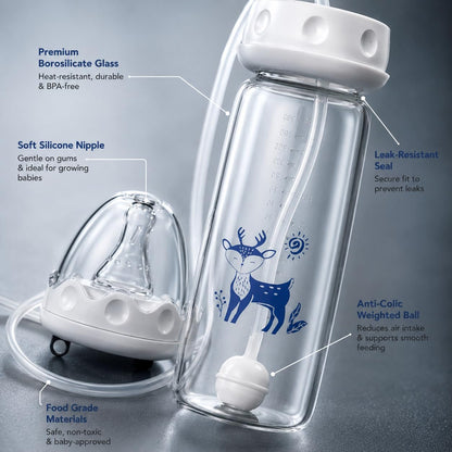 Baby Feeding Bottle with Weighted Straw, Anti-Colic Style Wide Neck Milk Bottle, Easy Grip Indoor Outdoor Drinking Bottle for Baby Milk, Water & Daily Feeding Use