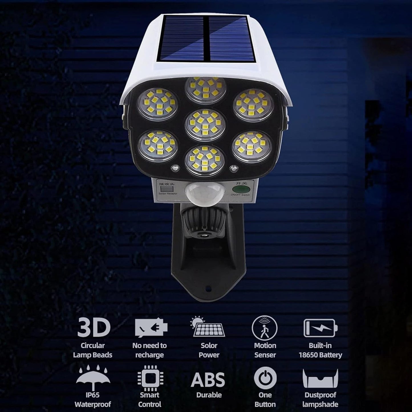 Outdoor Motion Sensor Solar Lights 2000 Lumens 77 LEDs Spotlight with Remote Controller IP66 Waterproof Wireless Dummy Decoy Fake Security Camera Light