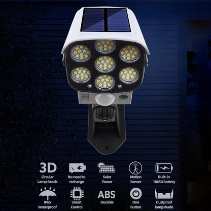 Outdoor Motion Sensor Solar Lights 2000 Lumens 77 LEDs Spotlight with Remote Controller IP66 Waterproof Wireless Dummy Decoy Fake Security Camera Light