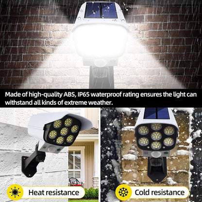 Outdoor Motion Sensor Solar Lights 2000 Lumens 77 LEDs Spotlight with Remote Controller IP66 Waterproof Wireless Dummy Decoy Fake Security Camera Light