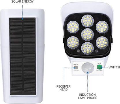 Outdoor Motion Sensor Solar Lights 2000 Lumens 77 LEDs Spotlight with Remote Controller IP66 Waterproof Wireless Dummy Decoy Fake Security Camera Light