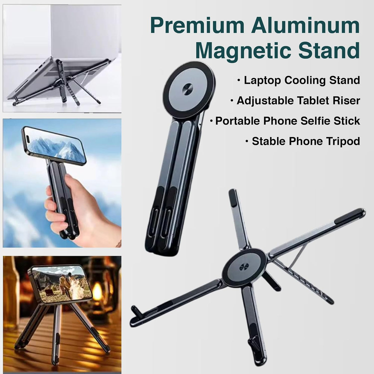 Wayona Aluminium Alloy Folding and Height Adjustable Stand Compatible with Laptop, Mobile and iPad, with Magnetic Feature for iPhone, Titanium Grey, Anodized Finish, 2026 Model